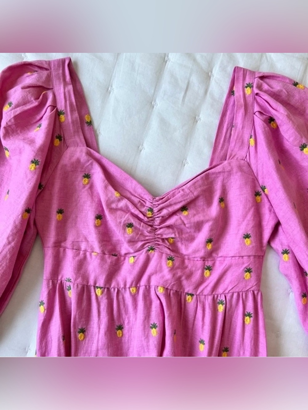 Farm Rio Embroidered Pineapple Pink Linen Midi Dress. Worn Only Once - Picture 6 of 7